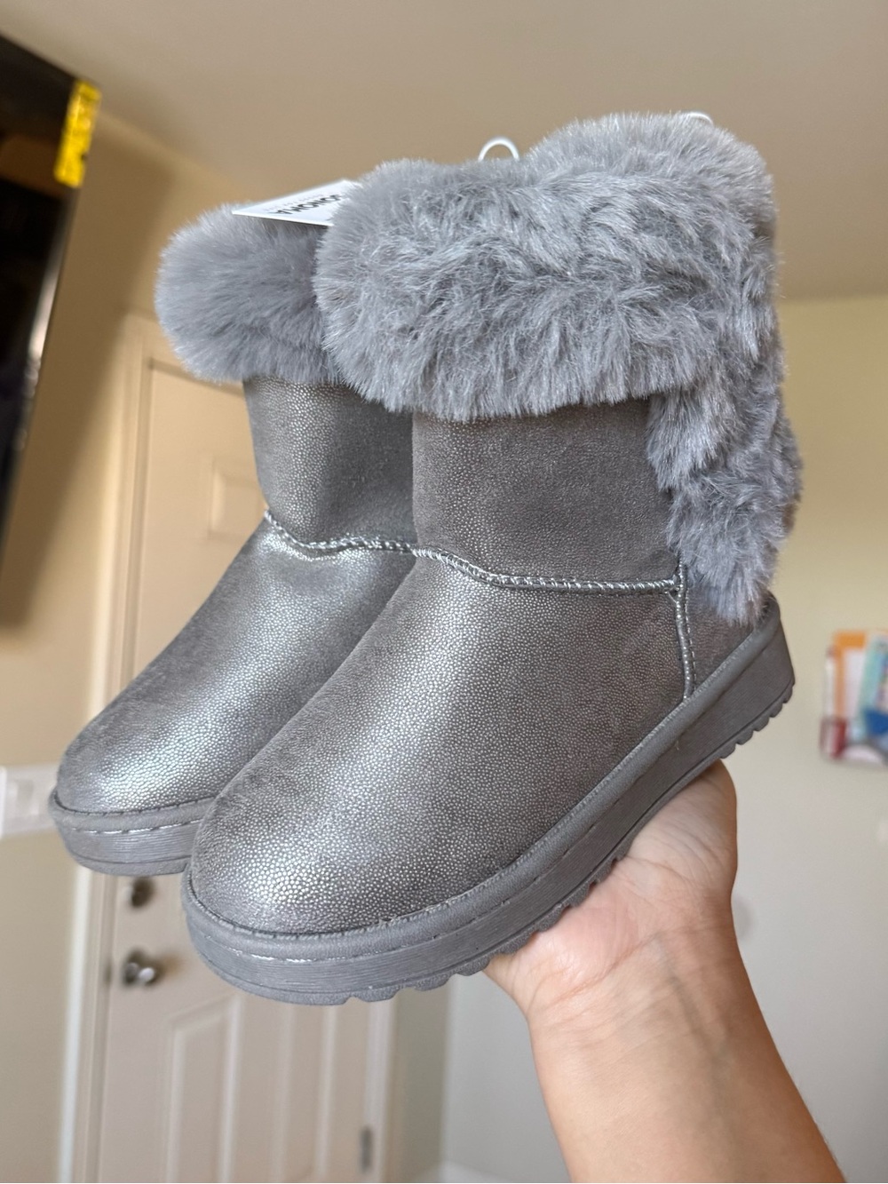 Sonoma Metallic Gray Faux-Fur Trim Kids Boots